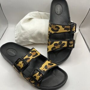 Palms Slide Sandals Womens 8 Yellow Leopard Print Double Strap Buckle Y2K Boho